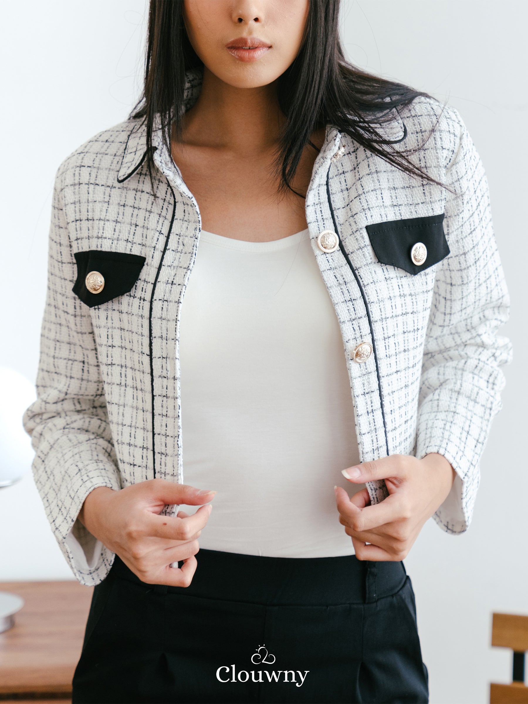 Nira Long Tweed Blazer - White